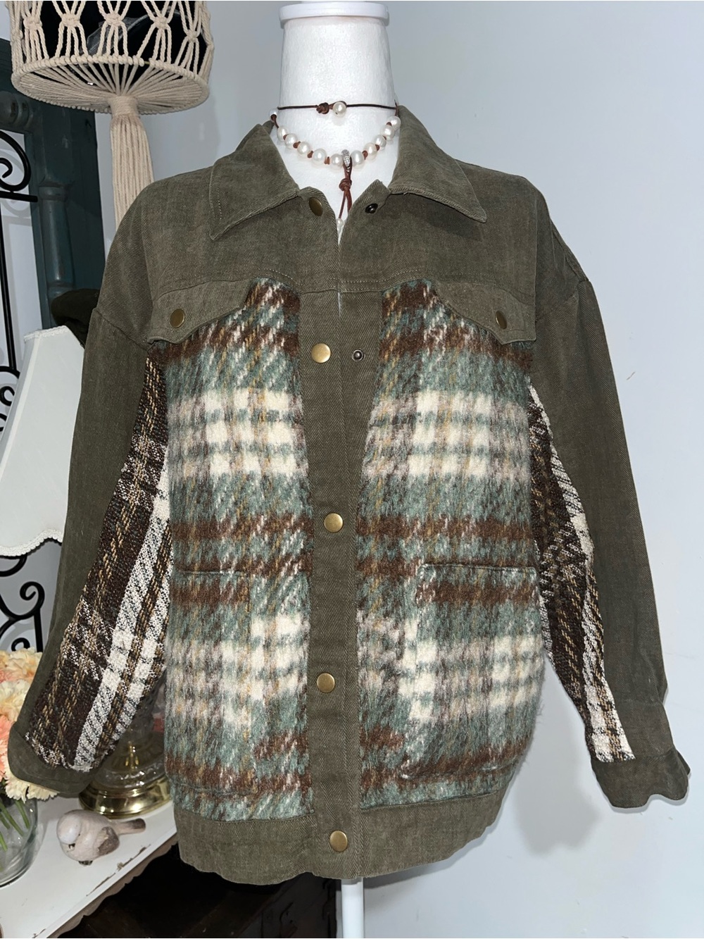 Umgee Olive Green Mixed Media Jean Jacket with Plaid Wool Panels